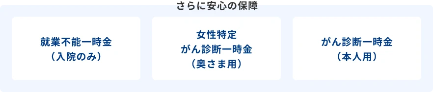 さらに安心の保障：就業不能一時金（入院のみ）、女性特定がん診断一時金（奥さま用）、がん診断一時金（本人用）