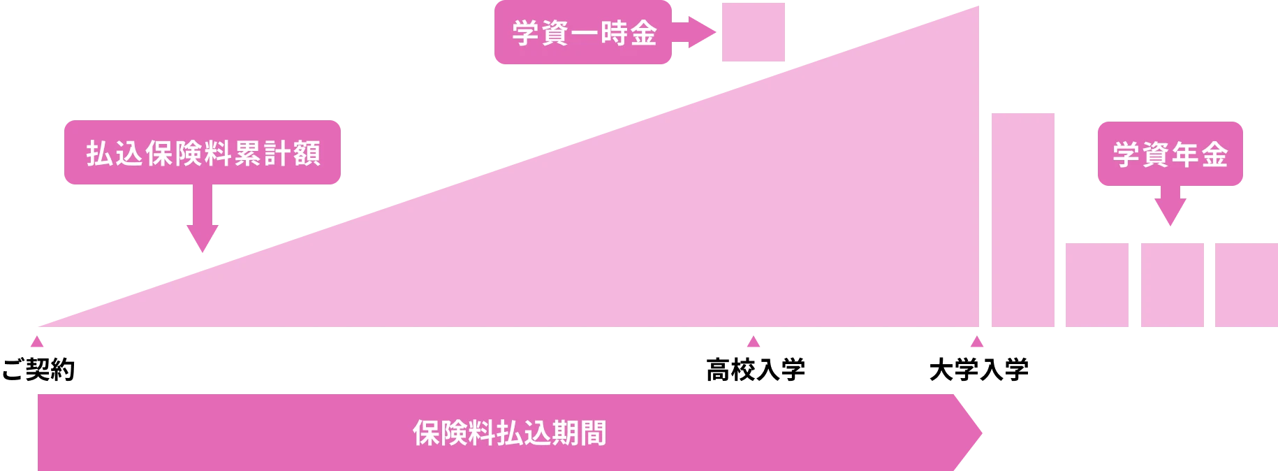 入学・進学に合わせ学資一時金や年金を受け取り、教育資金を計画的に準備できる保険です。払込期間中に契約者が死亡した場合は以後の払込免除特則を付加できます。