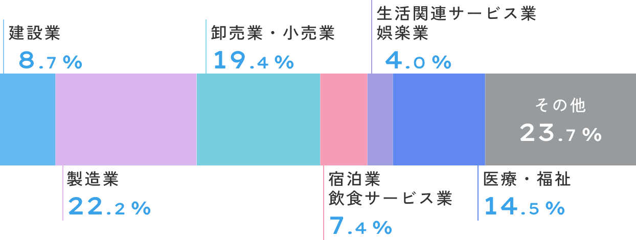 従業者数の構成比：建設業8.7%、卸売業・小売業19.4%、製造業22.2%、宿泊業・飲食サービス業7.4%、生活関連サービス業・娯楽業4.0%、医療・福祉14.5%、その他23.7%